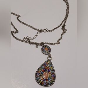 30" Silver tone Chain Necklace Multicolor pendant Lobster Clasp #98